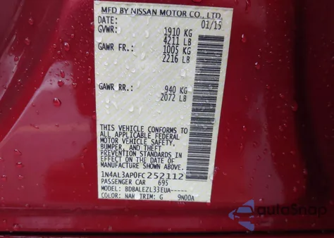 2015 Nissan Altima 2.5/2.5 S/2.5 Sl/2.5 Sv z USA, uszkodzony, nr VIN 1N4AL3AP0FC252112